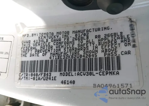 2002 Toyota Camry Le from USA, damaged, VIN 4T1BE32K82U042045